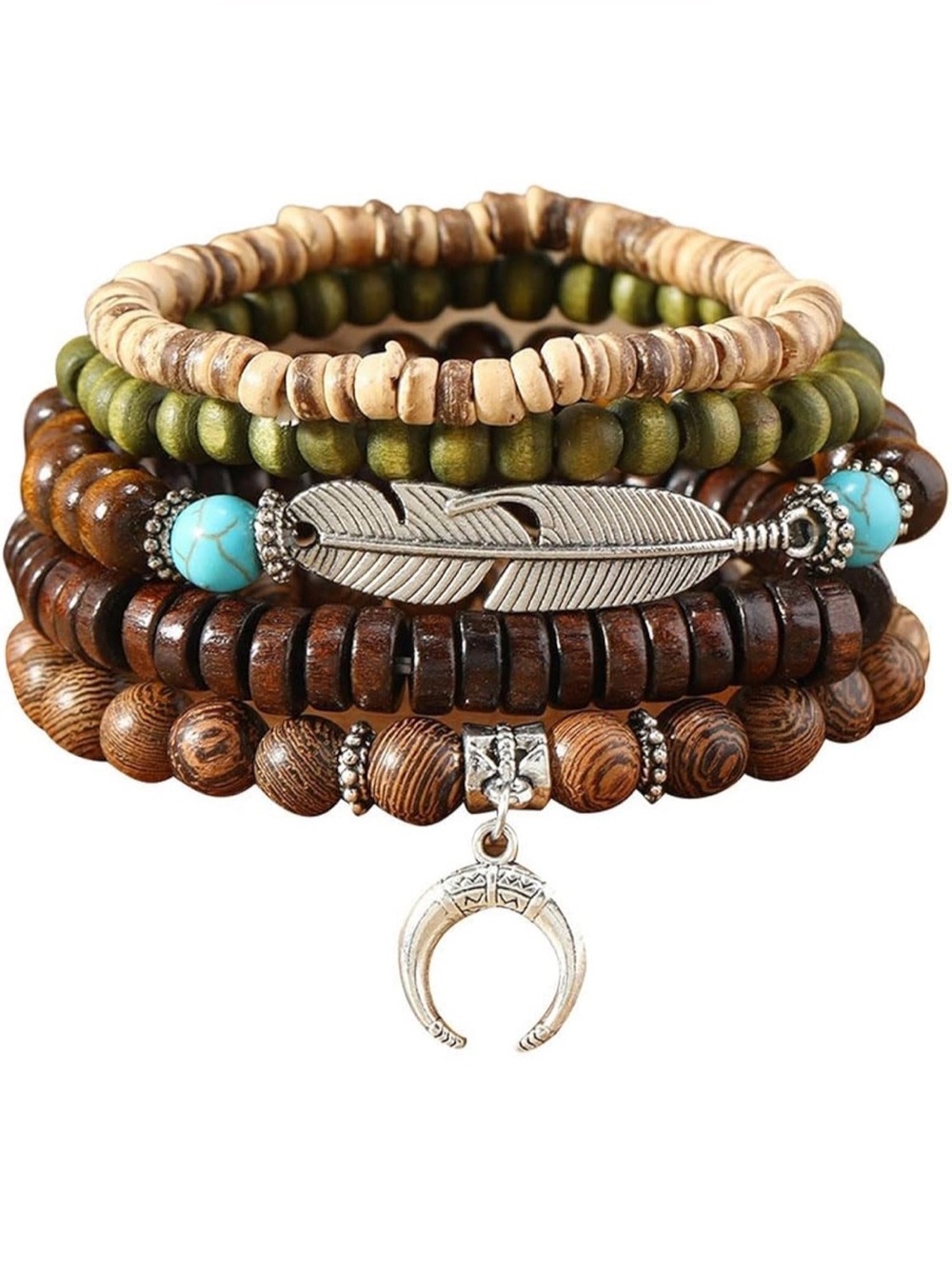🌙✨5pcs Western Brown, Olive & Turquoise Beaded Layered Bracelet Set - Picture 2 of 7